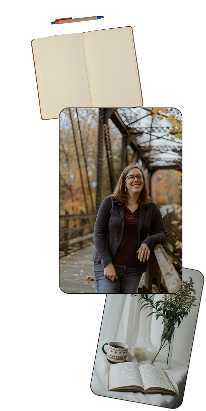Collage of images including a notebook and pen, a woman on a bridge, and a book with a vase of flowers